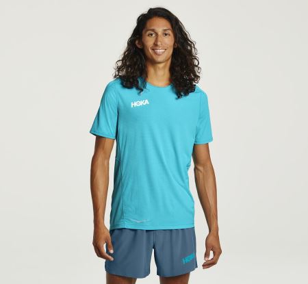 Hoka One One Performance Short Sleeve Barbati - Top Albastri | RO-vDv1jq0